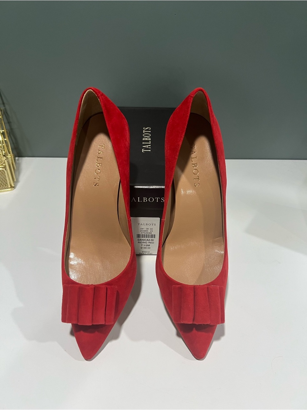 Talbots Red Suede Pointed Pumps with Pleated Vamp